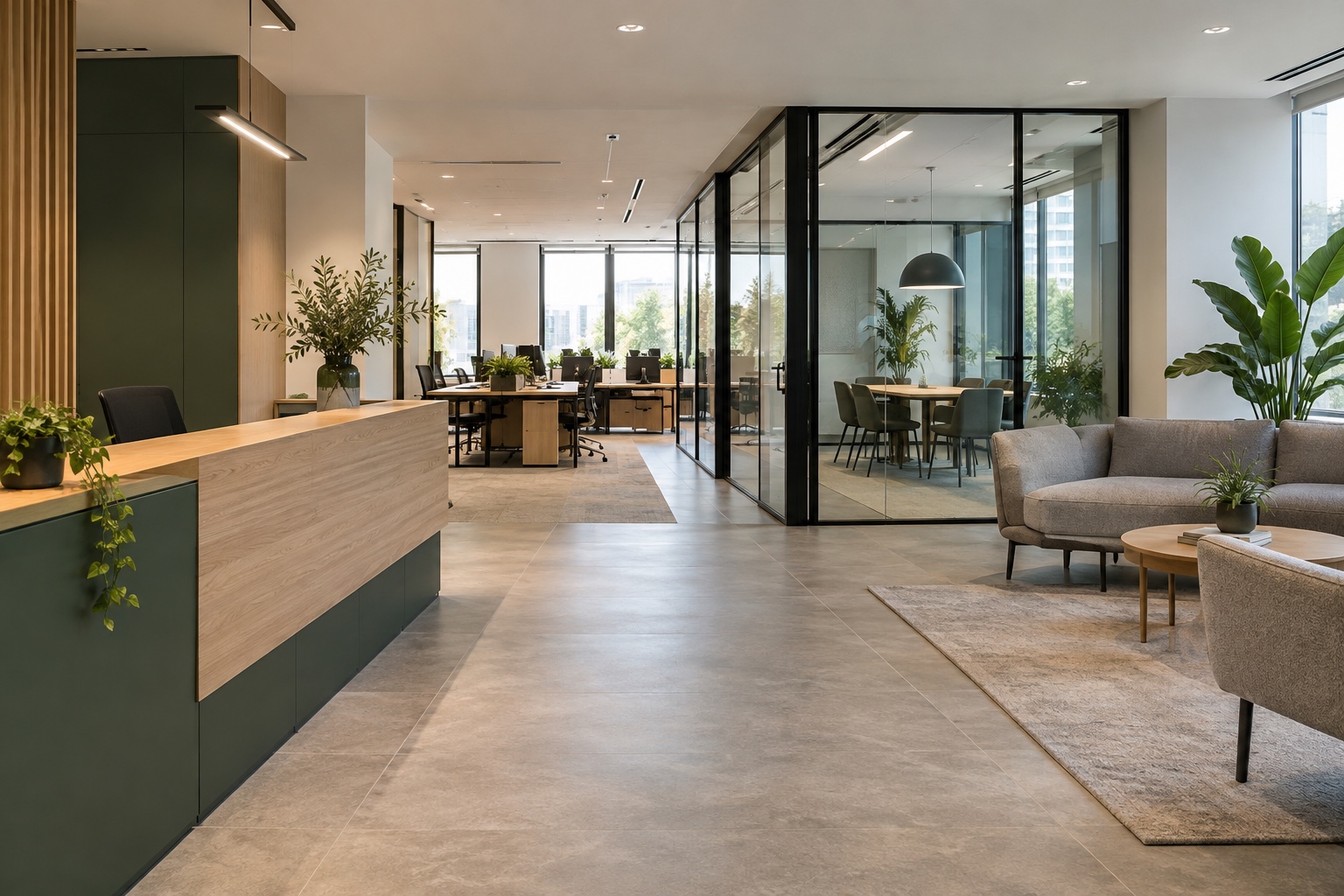Cam toplantı odaları ve bitkilerle düzenlenmiş aydınlık bir ofis